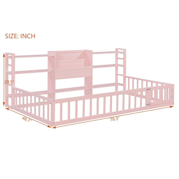English Elm Twin Floor Bed with Fence Rails Integrated Bookcase and 3 Tier Side Storage Shelves Pink N708P472507H