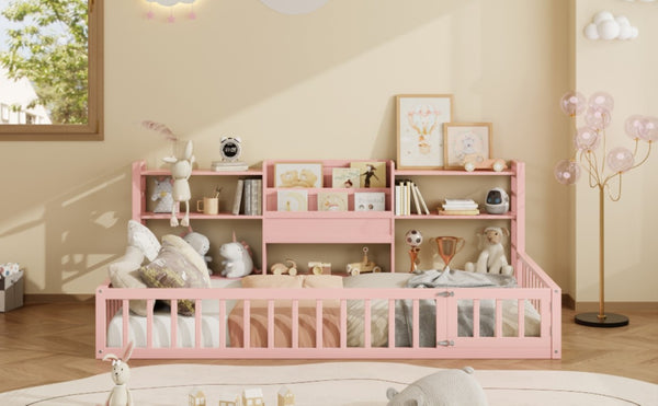English Elm Twin Floor Bed with Fence Rails Integrated Bookcase and 3 Tier Side Storage Shelves Pink N708P472507H