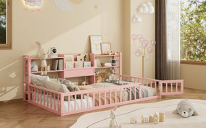 English Elm Twin Floor Bed with Fence Rails Integrated Bookcase and 3 Tier Side Storage Shelves Pink N708P472507H