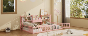 English Elm Twin Floor Bed with Fence Rails Integrated Bookcase and 3 Tier Side Storage Shelves Pink N708P472507H