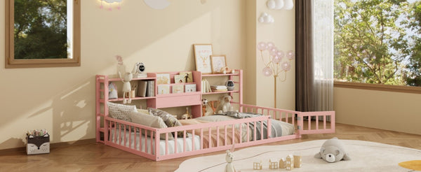 English Elm Twin Floor Bed with Fence Rails Integrated Bookcase and 3 Tier Side Storage Shelves Pink N708P472507H