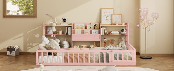 English Elm Twin Floor Bed with Fence Rails Integrated Bookcase and 3 Tier Side Storage Shelves Pink N708P472507H
