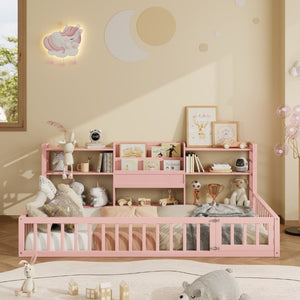 English Elm Twin Floor Bed with Fence Rails Integrated Bookcase and 3 Tier Side Storage Shelves Pink N708P472507H