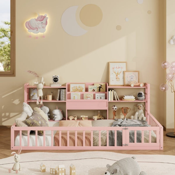 English Elm Twin Floor Bed with Fence Rails Integrated Bookcase and 3 Tier Side Storage Shelves Pink N708P472507H
