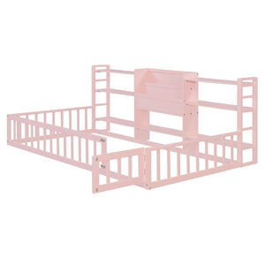 English Elm Twin Floor Bed with Fence Rails Integrated Bookcase and 3 Tier Side Storage Shelves Pink N708P472507H