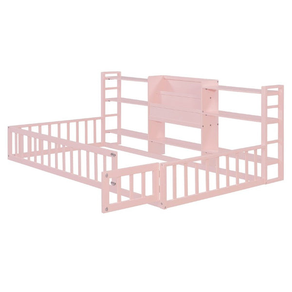 English Elm Twin Floor Bed with Fence Rails Integrated Bookcase and 3 Tier Side Storage Shelves Pink N708P472507H