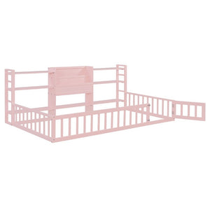 English Elm Twin Floor Bed with Fence Rails Integrated Bookcase and 3 Tier Side Storage Shelves Pink N708P472507H