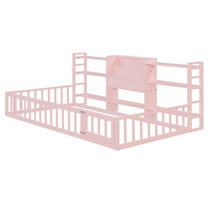 English Elm Twin Floor Bed with Fence Rails Integrated Bookcase and 3 Tier Side Storage Shelves Pink N708P472507H