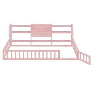 English Elm Twin Floor Bed with Fence Rails Integrated Bookcase and 3 Tier Side Storage Shelves Pink N708P472507H