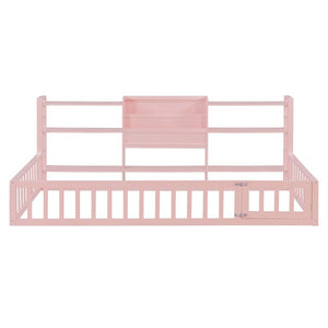 English Elm Twin Floor Bed with Fence Rails Integrated Bookcase and 3 Tier Side Storage Shelves Pink N708P472507H