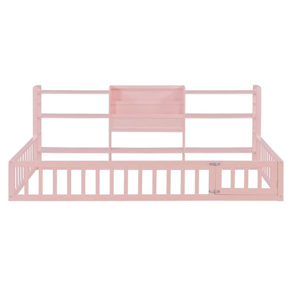 English Elm Twin Floor Bed with Fence Rails Integrated Bookcase and 3 Tier Side Storage Shelves Pink N708P472507H