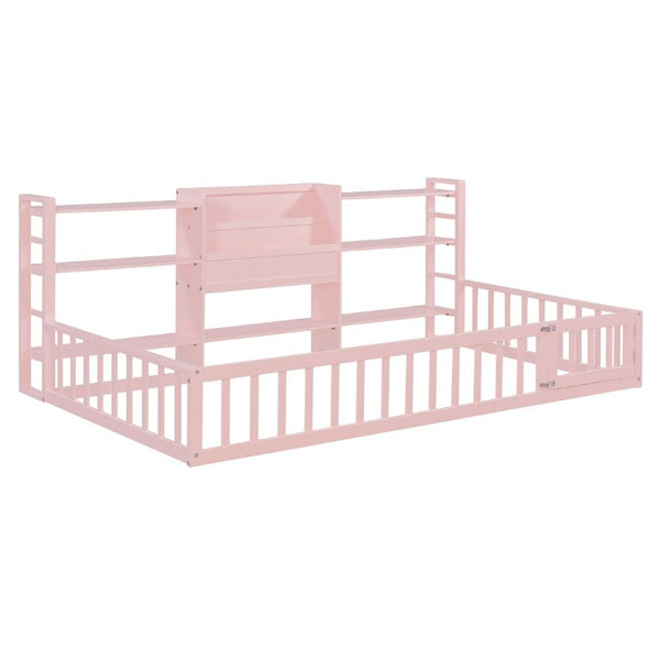 English Elm Twin Floor Bed with Fence Rails Integrated Bookcase and 3 Tier Side Storage Shelves Pink N708P472507H