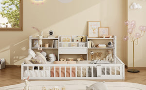 English Elm Twin Floor Bed with Fence Rails Integrated Bookcase and 3 Tier Side Storage Shelves White N708P472507K