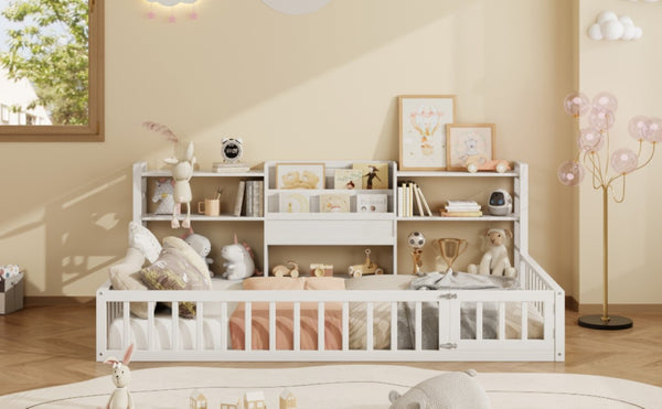 English Elm Twin Floor Bed with Fence Rails Integrated Bookcase and 3 Tier Side Storage Shelves White N708P472507K