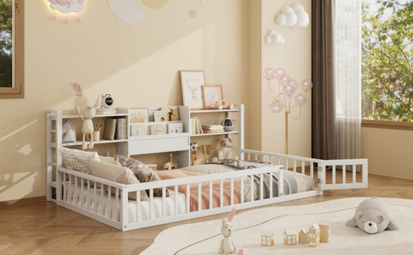 English Elm Twin Floor Bed with Fence Rails Integrated Bookcase and 3 Tier Side Storage Shelves White N708P472507K