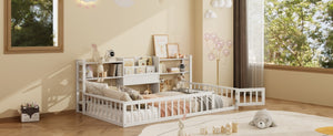English Elm Twin Floor Bed with Fence Rails Integrated Bookcase and 3 Tier Side Storage Shelves White N708P472507K