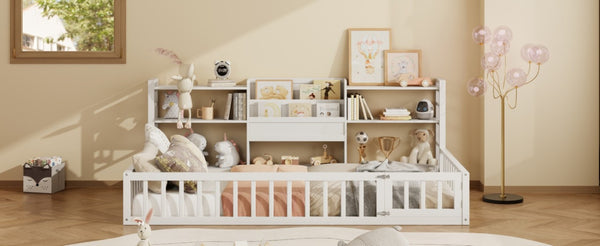 English Elm Twin Floor Bed with Fence Rails Integrated Bookcase and 3 Tier Side Storage Shelves White N708P472507K