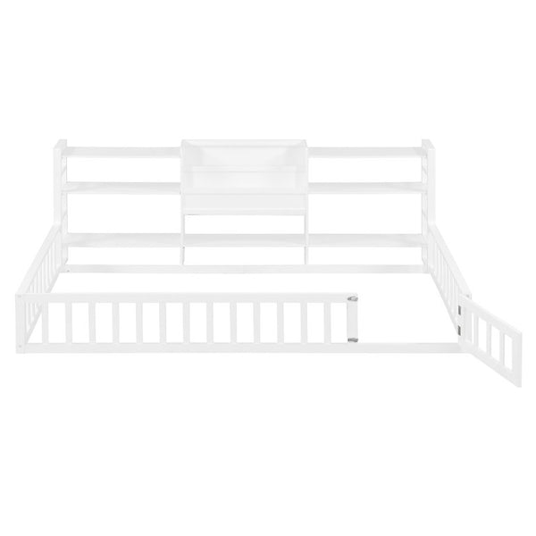 English Elm Twin Floor Bed with Fence Rails Integrated Bookcase and 3 Tier Side Storage Shelves White N708P472507K