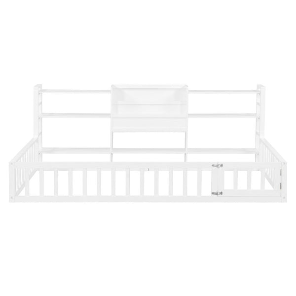 English Elm Twin Floor Bed with Fence Rails Integrated Bookcase and 3 Tier Side Storage Shelves White N708P472507K
