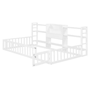 English Elm Twin Floor Bed with Fence Rails Integrated Bookcase and 3 Tier Side Storage Shelves White N708P472507K