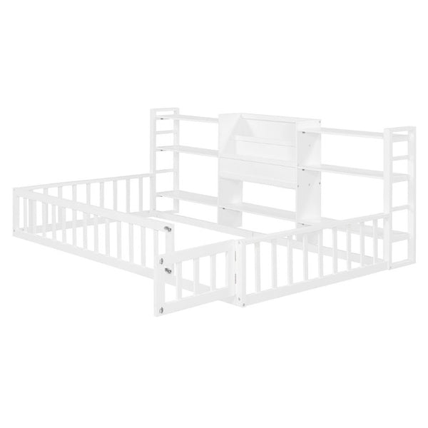 English Elm Twin Floor Bed with Fence Rails Integrated Bookcase and 3 Tier Side Storage Shelves White N708P472507K