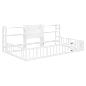 English Elm Twin Floor Bed with Fence Rails Integrated Bookcase and 3 Tier Side Storage Shelves White N708P472507K