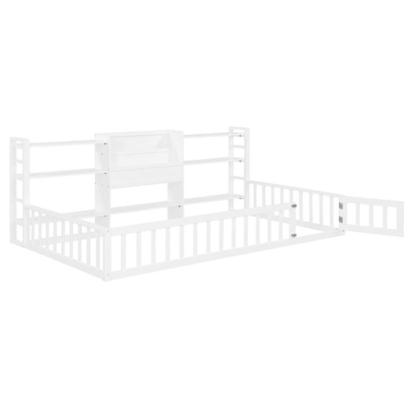 English Elm Twin Floor Bed with Fence Rails Integrated Bookcase and 3 Tier Side Storage Shelves White N708P472507K