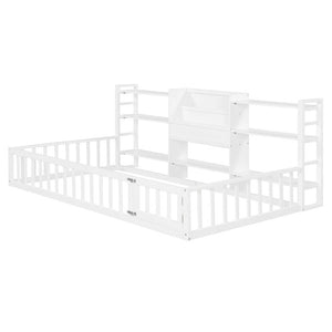 English Elm Twin Floor Bed with Fence Rails Integrated Bookcase and 3 Tier Side Storage Shelves White N708P472507K
