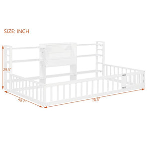 English Elm Twin Floor Bed with Fence Rails Integrated Bookcase and 3 Tier Side Storage Shelves White N708P472507K