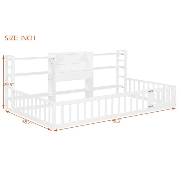 English Elm Twin Floor Bed with Fence Rails Integrated Bookcase and 3 Tier Side Storage Shelves White N708P472507K