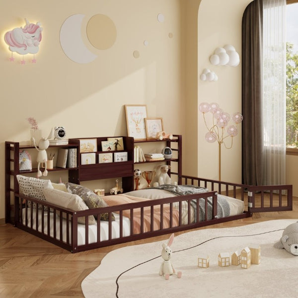English Elm Twin Floor Bed with Fence Rails Integrated Bookcase and 3 Tier Side Storage Shelves Espresso N708P472507P