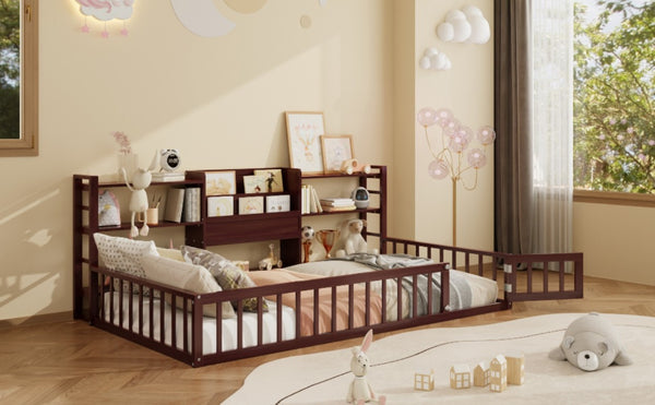 English Elm Twin Floor Bed with Fence Rails Integrated Bookcase and 3 Tier Side Storage Shelves Espresso N708P472507P