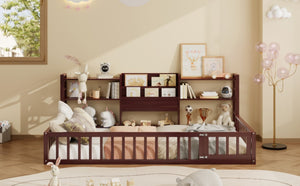 English Elm Twin Floor Bed with Fence Rails Integrated Bookcase and 3 Tier Side Storage Shelves Espresso N708P472507P