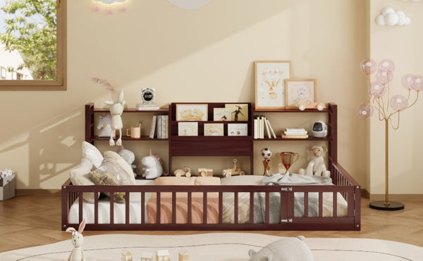 English Elm Twin Floor Bed with Fence Rails Integrated Bookcase and 3 Tier Side Storage Shelves Espresso N708P472507P
