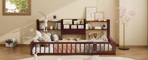 English Elm Twin Floor Bed with Fence Rails Integrated Bookcase and 3 Tier Side Storage Shelves Espresso N708P472507P