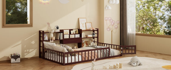English Elm Twin Floor Bed with Fence Rails Integrated Bookcase and 3 Tier Side Storage Shelves Espresso N708P472507P