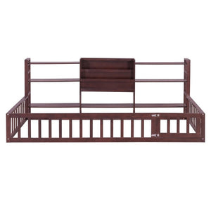 English Elm Twin Floor Bed with Fence Rails Integrated Bookcase and 3 Tier Side Storage Shelves Espresso N708P472507P