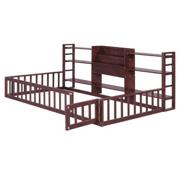English Elm Twin Floor Bed with Fence Rails Integrated Bookcase and 3 Tier Side Storage Shelves Espresso N708P472507P