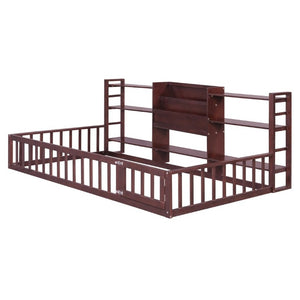 English Elm Twin Floor Bed with Fence Rails Integrated Bookcase and 3 Tier Side Storage Shelves Espresso N708P472507P