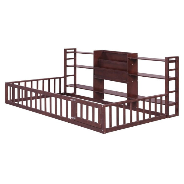 English Elm Twin Floor Bed with Fence Rails Integrated Bookcase and 3 Tier Side Storage Shelves Espresso N708P472507P