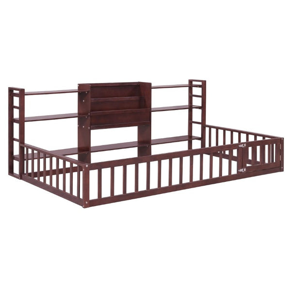 English Elm Twin Floor Bed with Fence Rails Integrated Bookcase and 3 Tier Side Storage Shelves Espresso N708P472507P