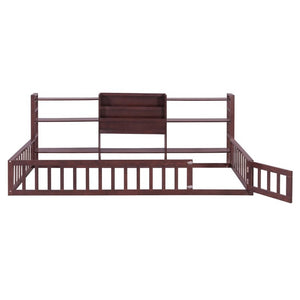 English Elm Twin Floor Bed with Fence Rails Integrated Bookcase and 3 Tier Side Storage Shelves Espresso N708P472507P