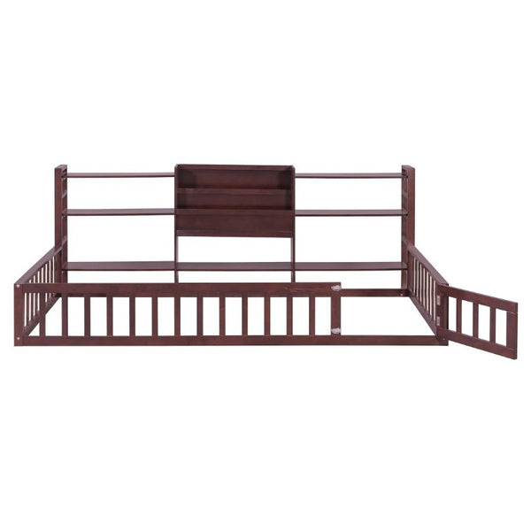 English Elm Twin Floor Bed with Fence Rails Integrated Bookcase and 3 Tier Side Storage Shelves Espresso N708P472507P