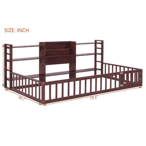 English Elm Twin Floor Bed with Fence Rails Integrated Bookcase and 3 Tier Side Storage Shelves Espresso N708P472507P