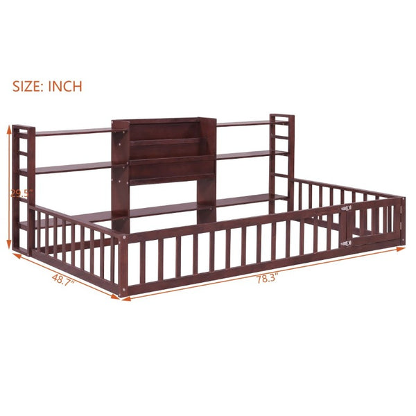 English Elm Twin Floor Bed with Fence Rails Integrated Bookcase and 3 Tier Side Storage Shelves Espresso N708P472507P