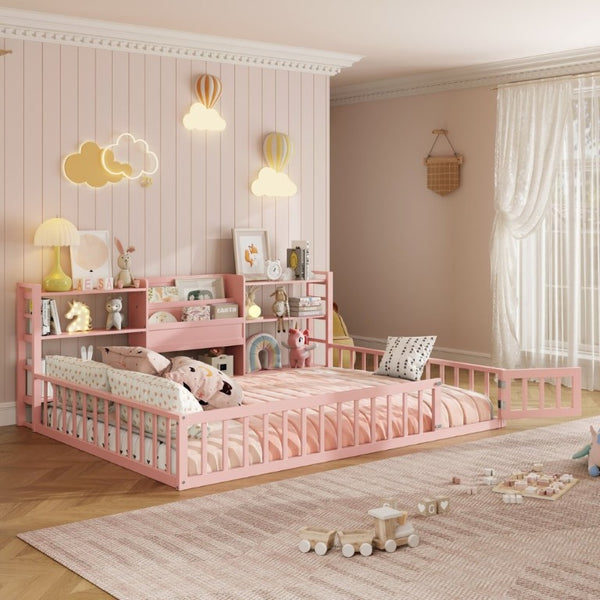 English Elm Full Size Low Profile Pine Wood Floor Bed with Fence Design and Built in Shelving Pink N708P472508H