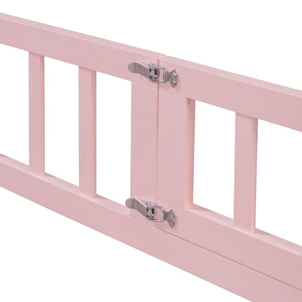 English Elm Full Size Low Profile Pine Wood Floor Bed with Fence Design and Built in Shelving Pink N708P472508H