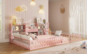 English Elm Full Size Low Profile Pine Wood Floor Bed with Fence Design and Built in Shelving Pink N708P472508H