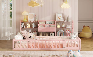 English Elm Full Size Low Profile Pine Wood Floor Bed with Fence Design and Built in Shelving Pink N708P472508H