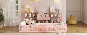 English Elm Full Size Low Profile Pine Wood Floor Bed with Fence Design and Built in Shelving Pink N708P472508H